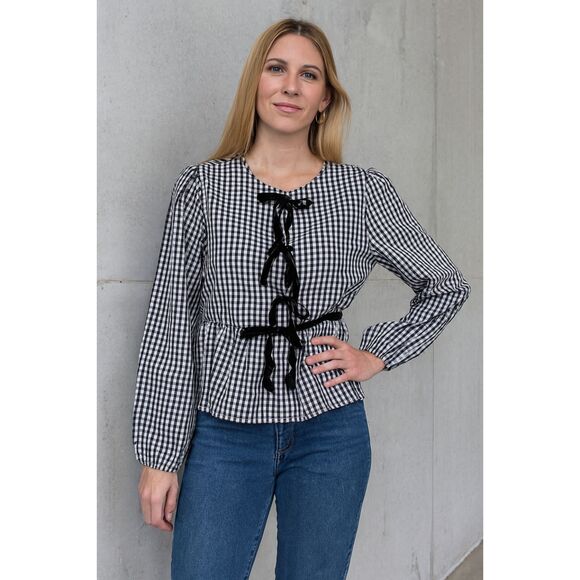 Sugar Magnolia Tops - Black and White Gingham Blouse with Bow  And Snap Details